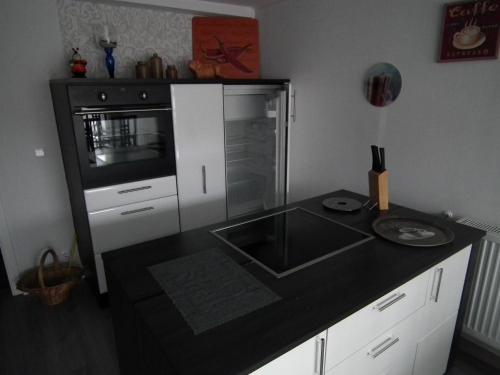 a kitchen with a sink and a stove at Am Wiesengrund - mit 2 Schlafzimmern in Ribnitz-Damgarten