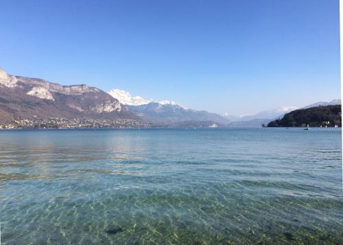 a view of a large body of water with mountains at The One Suite Annecy in Annecy