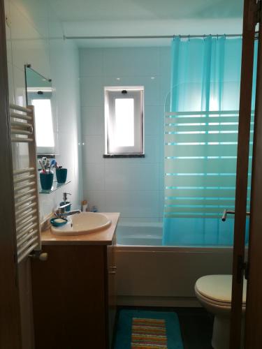 a bathroom with a shower and a sink and a toilet at Apartamento BaySide - São Martinho do Porto in São Martinho do Porto