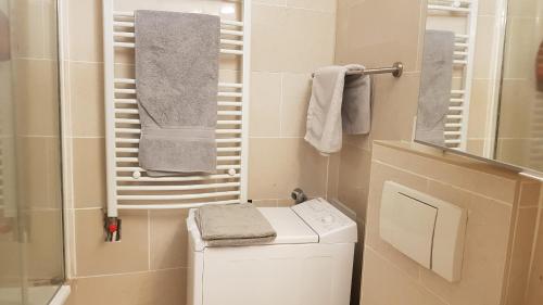 a bathroom with a washing machine and a towel rack at Boël 3 studio in Geneva
