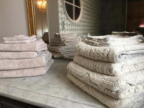 une pile de serviettes assises sur un comptoir dans la salle de bains dans l'établissement Logis de La Roche - Niort - Chauray, à Chauray