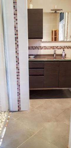 une cuisine avec un évier et un comptoir dans l'établissement Maison avec jardin au calme, à La Crau