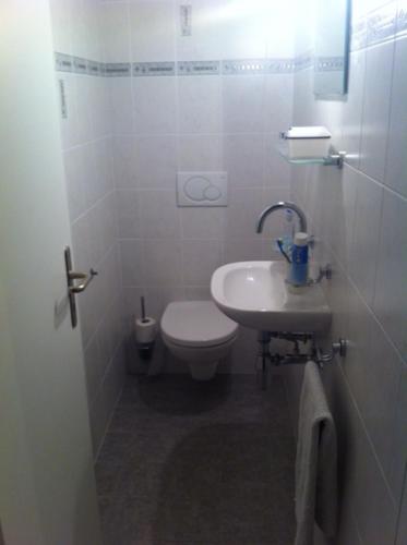 a white bathroom with a toilet and a sink at 30C Route d'Arzier in Saint-Cergue
