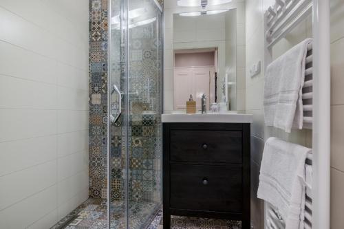 uma casa de banho com uma cabina de duche em vidro e um lavatório. em City centre Apartment Prague by Michal&Friends em Praga