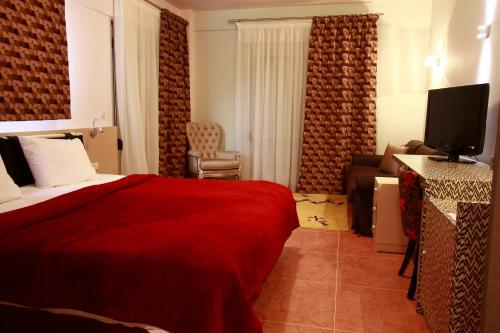 エデッサにあるAigai Hotelの赤いベッドとテレビが備わるホテルルームです。