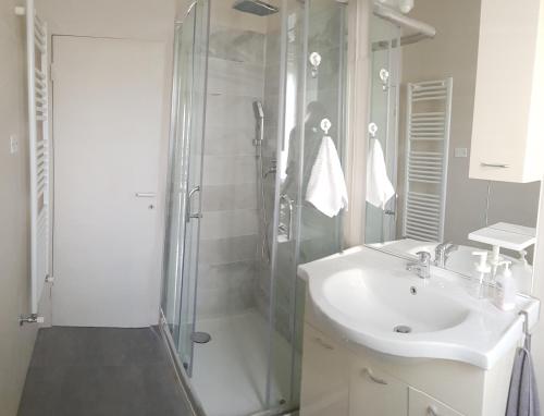 een witte badkamer met douche en wastafel bij Casa Anna in Arezzo