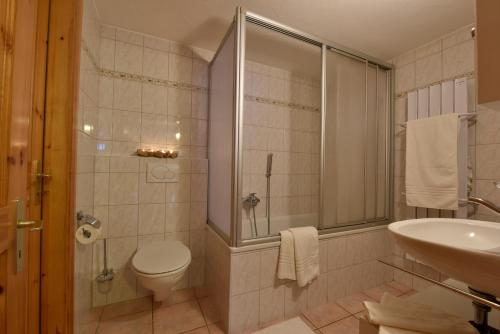 y baño con aseo, lavabo y ducha. en Apartment Batteuse en Grimentz