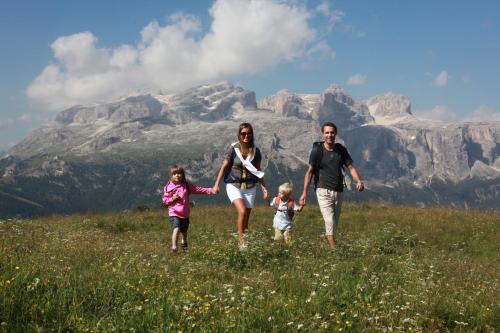 a family walking in a field with mountains in the background at Hotel Ciasa Ai Pini in San Cassiano