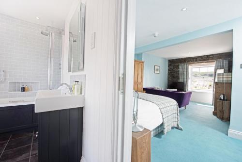 a bathroom with a sink and a room with a bed at Harbourmaster Hotel in Aberaeron