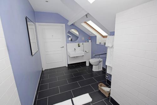 a blue bathroom with a toilet and a sink at Harbourmaster Hotel in Aberaeron