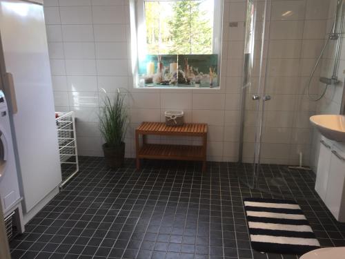 a bathroom with a shower and a bench and a sink at Fjällhus 3 in Idre