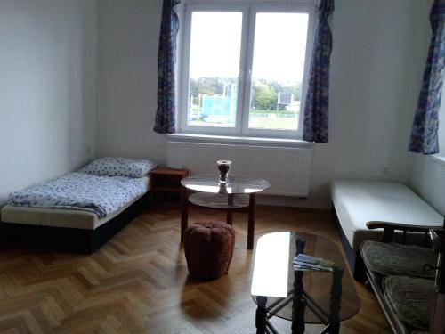a room with a bed and a table and a window at Apartmán Ella - Tábor -CZ - U stadionu míru 1735 in Tábor