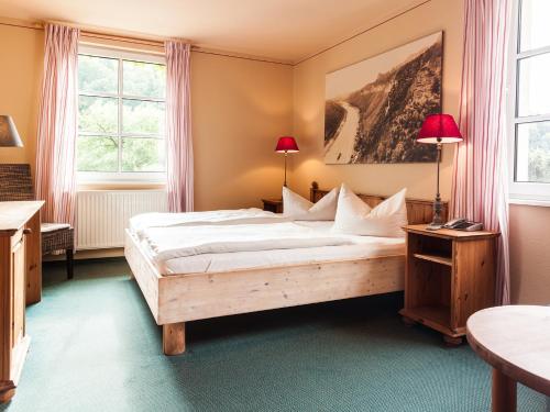 a bedroom with a bed and two windows at Bio-Hotel Helvetia in Bad Schandau