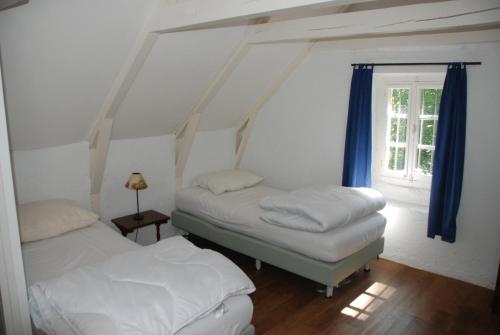 twee bedden in een kamer met een raam bij Gites Chateau le Bois in Saint-Julien-aux-Bois