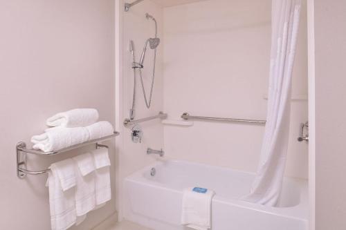 a bathroom with a shower and a tub and towels at Holiday Inn Express Hotel and Suites Mesquite, an IHG Hotel in Mesquite