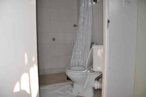 a bathroom with a toilet with a shower curtain at Osoita Lodge in Nairobi