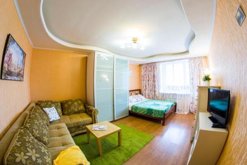 オムスクにあるRENT-сервис Apartments on Mayakovskogo 20のリビングルーム(ソファ、テレビ付)