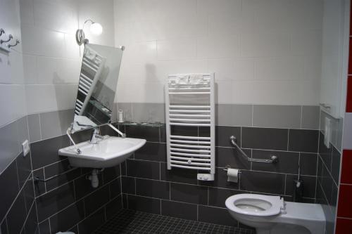 a bathroom with a sink and a toilet and a mirror at Hôtel Des Vosges in Contrexéville