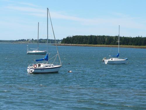 three boats floating in a large body of water at Ye Olde Argyler Lodge in Pubnico