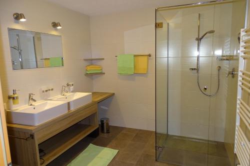 La salle de bains est pourvue d'un lavabo et d'une douche. dans l'établissement Apartment Martin, à Neustift im Stubaital