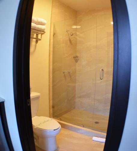 a bathroom with a shower and a toilet at Hotel America in Tijuana