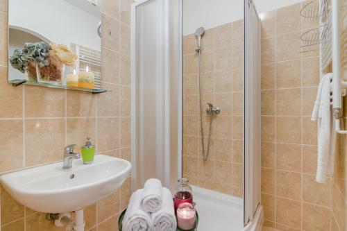 a bathroom with a sink and a shower at APT with sunny garden Prague by Michal&Friends in Prague