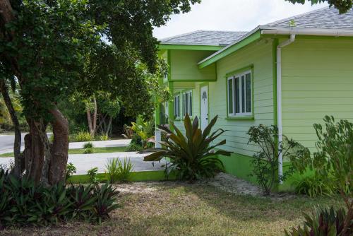 a green house with a tree in front of it at Sir Charles Guest House in South Palmetto Point