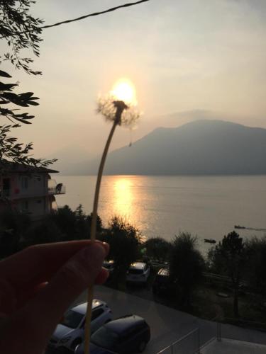 a persons hand holding a torch with the sunset in the background at B&B Lil in Brenzone sul Garda