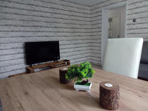 a living room with a table and a television at INFINITY Blue 1 in Burgas