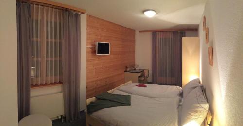 a hotel room with a bed and a window at Hotel BZ Sunnahof in Oberschan