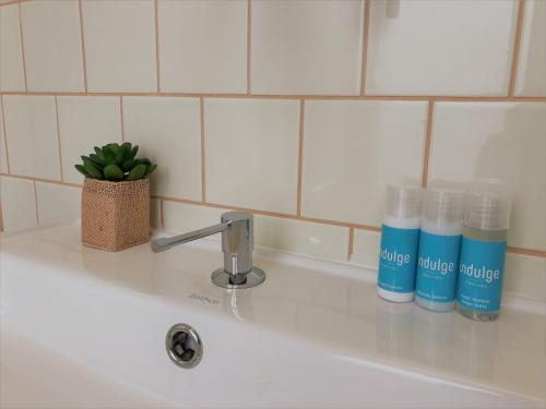a kitchen sink with two bottles of blue nurture fluid at Indulge Porto Flats in Porto