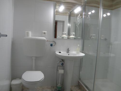 a bathroom with a toilet and a sink and a shower at Residencial Antonio Mocisso Guesthouse in Elvas