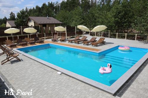 a swimming pool with a pink toy in the middle at Комплекс На Дачі in Vyshpolʼ