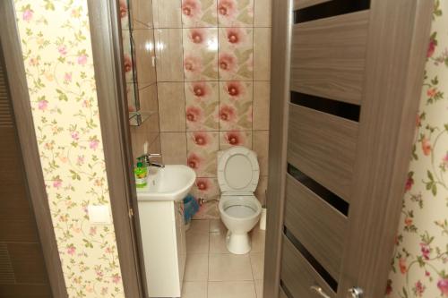 a small bathroom with a toilet and a sink at Комплекс На Дачі in Vyshpolʼ
