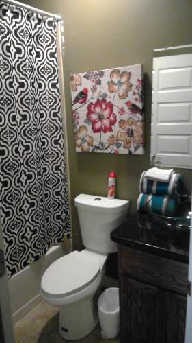 a bathroom with a toilet and a shower curtain at 107 Pike on Oceanside in South Padre Island