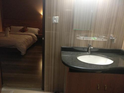 baño con lavabo y cama en Hotel hornbill en Sauraha