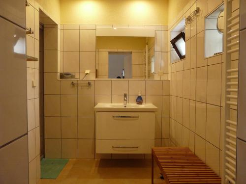 Oranienbaum-WörlitzにあるFerienwohnung Winklerのバスルーム(洗面台、鏡付)