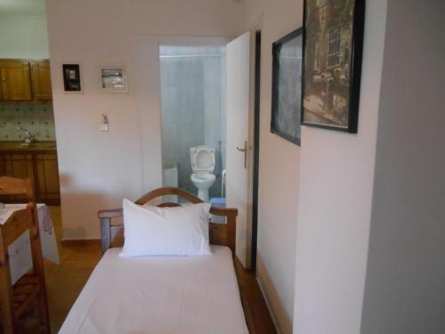 a small room with a bed and a toilet at Melios Rooms in Petalidhion
