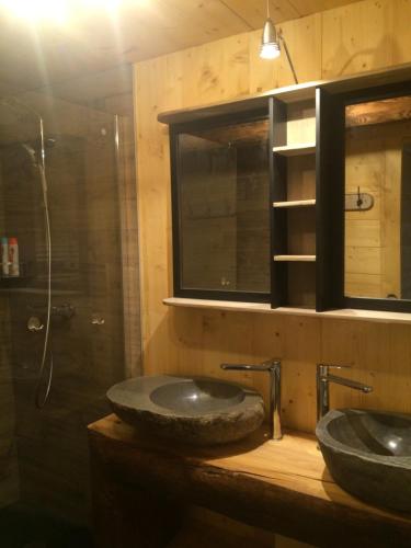 a bathroom with two sinks and a glass shower at gite l'entre 2 monts in Chaudeyrolles