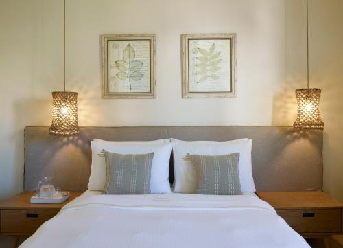 a bedroom with a large bed with two lights above it at Vencia Boutique Hotel in Mýkonos City