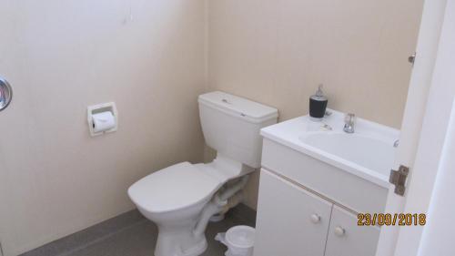 a white toilet sitting next to a white sink at Ahuriri Motels in Omarama