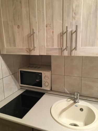 a kitchen with a sink and a microwave at Apartments at Pavlova 21 in Noril'sk