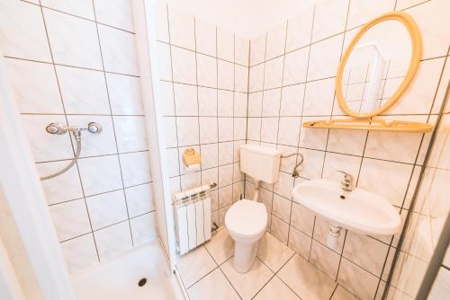 W łazience znajduje się toaleta, umywalka i lustro. w obiekcie Hostel & Apartments u Florka 2 w Zakopanem