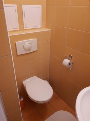 une salle de bain avec toilettes et lavabo dans l'établissement Útulný apartmán v Bratislava 6, à Bratislava