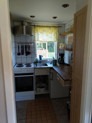 a small kitchen with a stove and a sink at Kvarngården Natur Resort in Byxelkrok