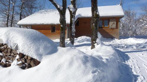 a cabin with a pile of snow in front of it at 8 Chalets - Les Lodges du Hérisson - à 1500m des cascades in Bonlieu