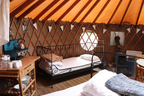 a small room with a bed in a tent at Yurtcamp Devon in Newton Abbot