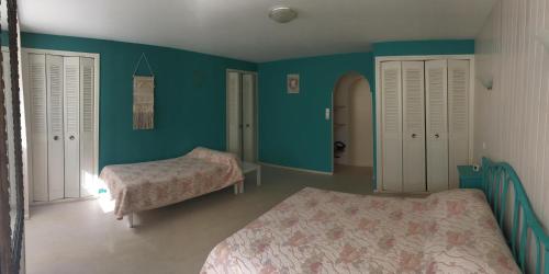 a bedroom with two beds and blue walls at T2 58m2 Allée des Bains-Tarifs cure in Luchon