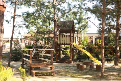 a playground with a slide and a tree at Комплекс На Дачі in Vyshpolʼ