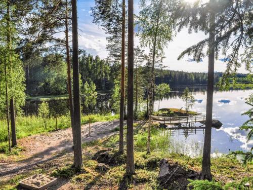 Kuusjärvi的住宿－維庫林偉蘭塔度假屋，透过树林欣赏湖泊美景